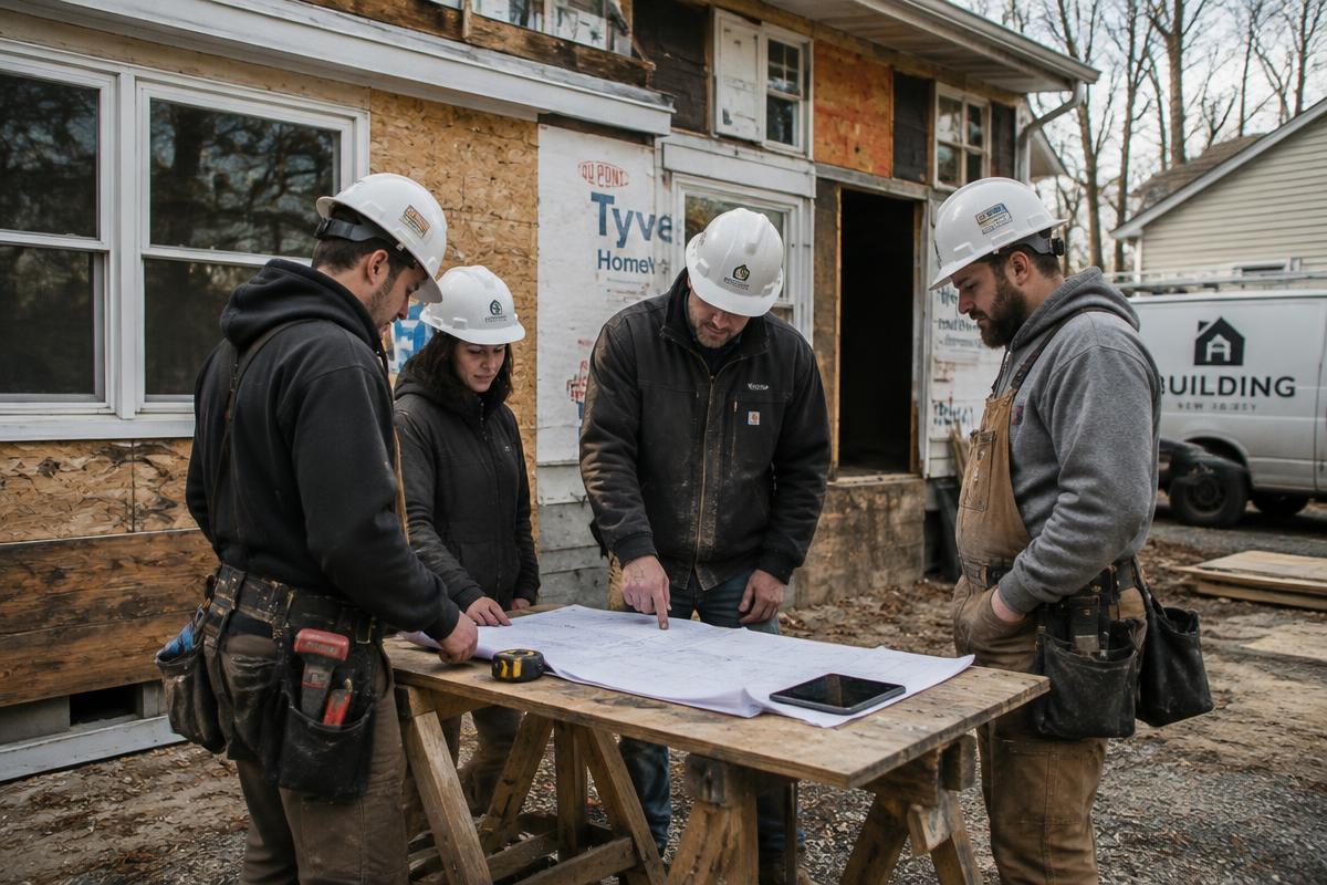 Ferrari Construction Group team reviewing drawings at a New Jersey job site