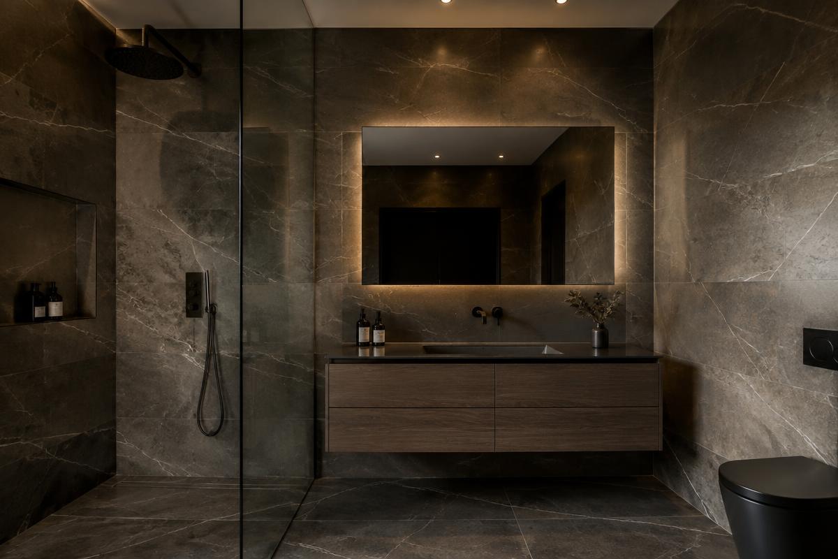 Remodeled bathroom with large-format stone tile and glass shower