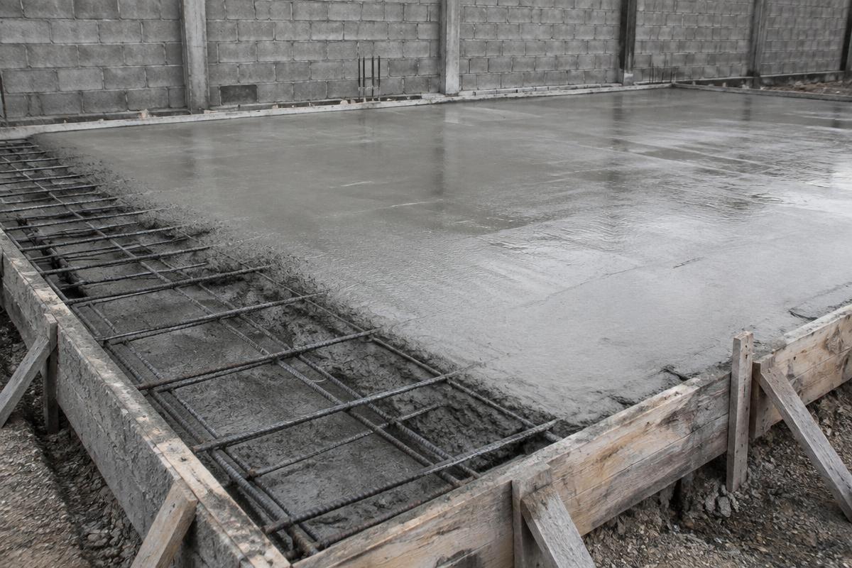 Finished concrete slab with rebar reinforcement and block wall