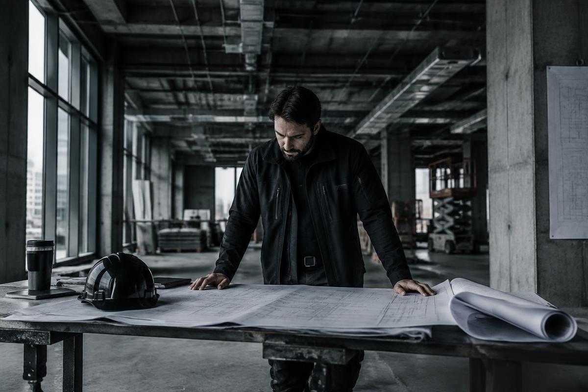 Construction manager reviewing project drawings inside a building under construction