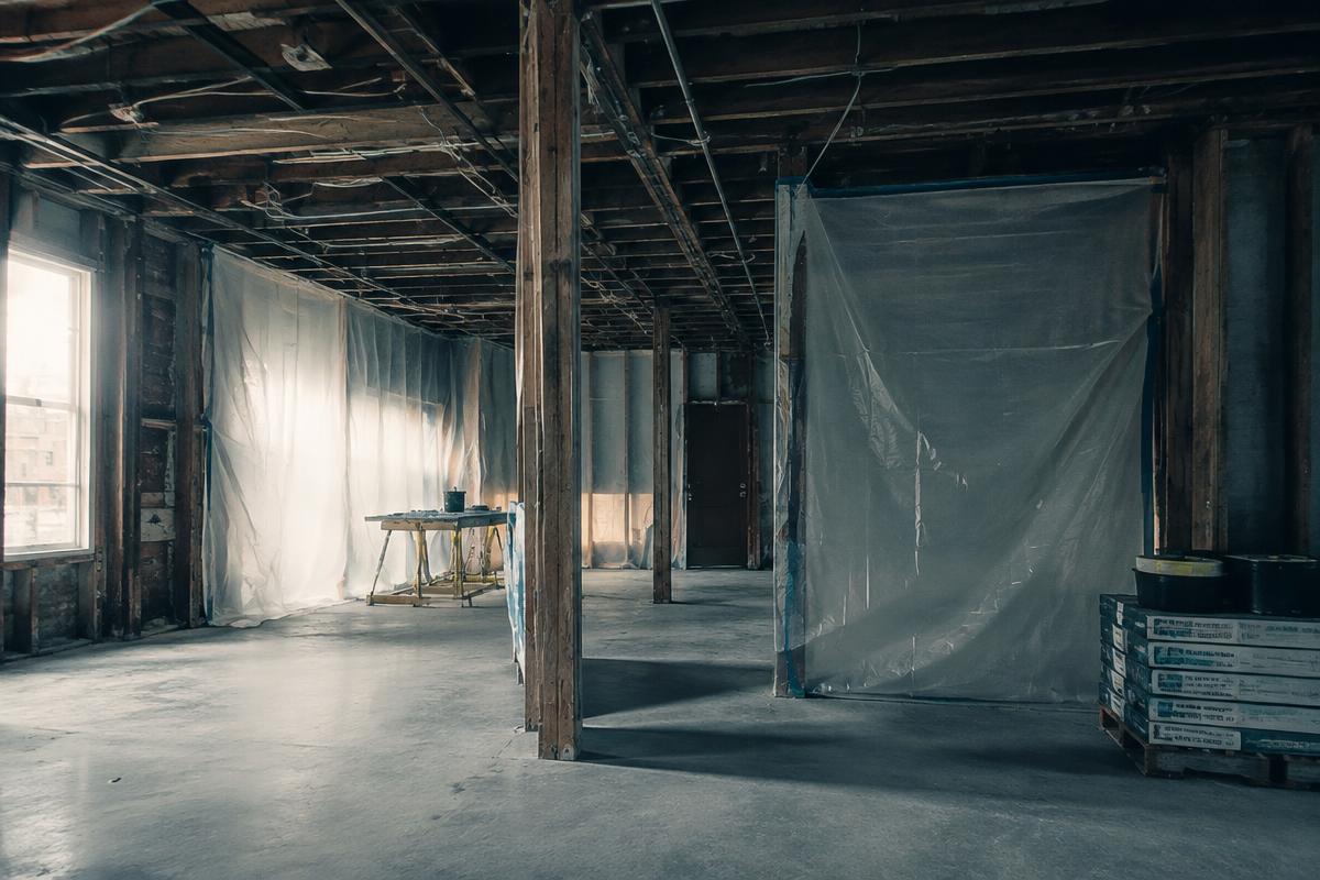 Interior demolition with dust protection sheeting in place
