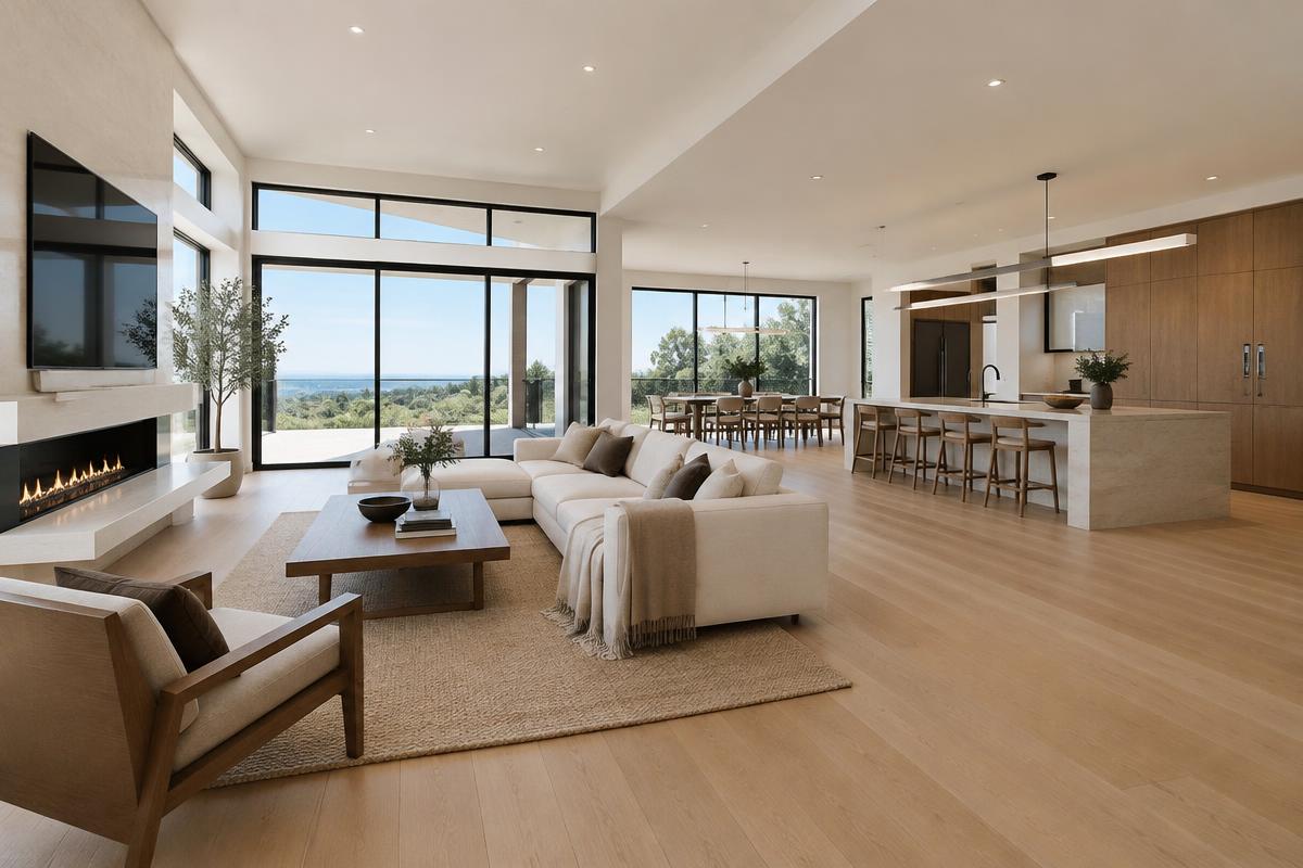 Renovated open-plan living space with white oak flooring