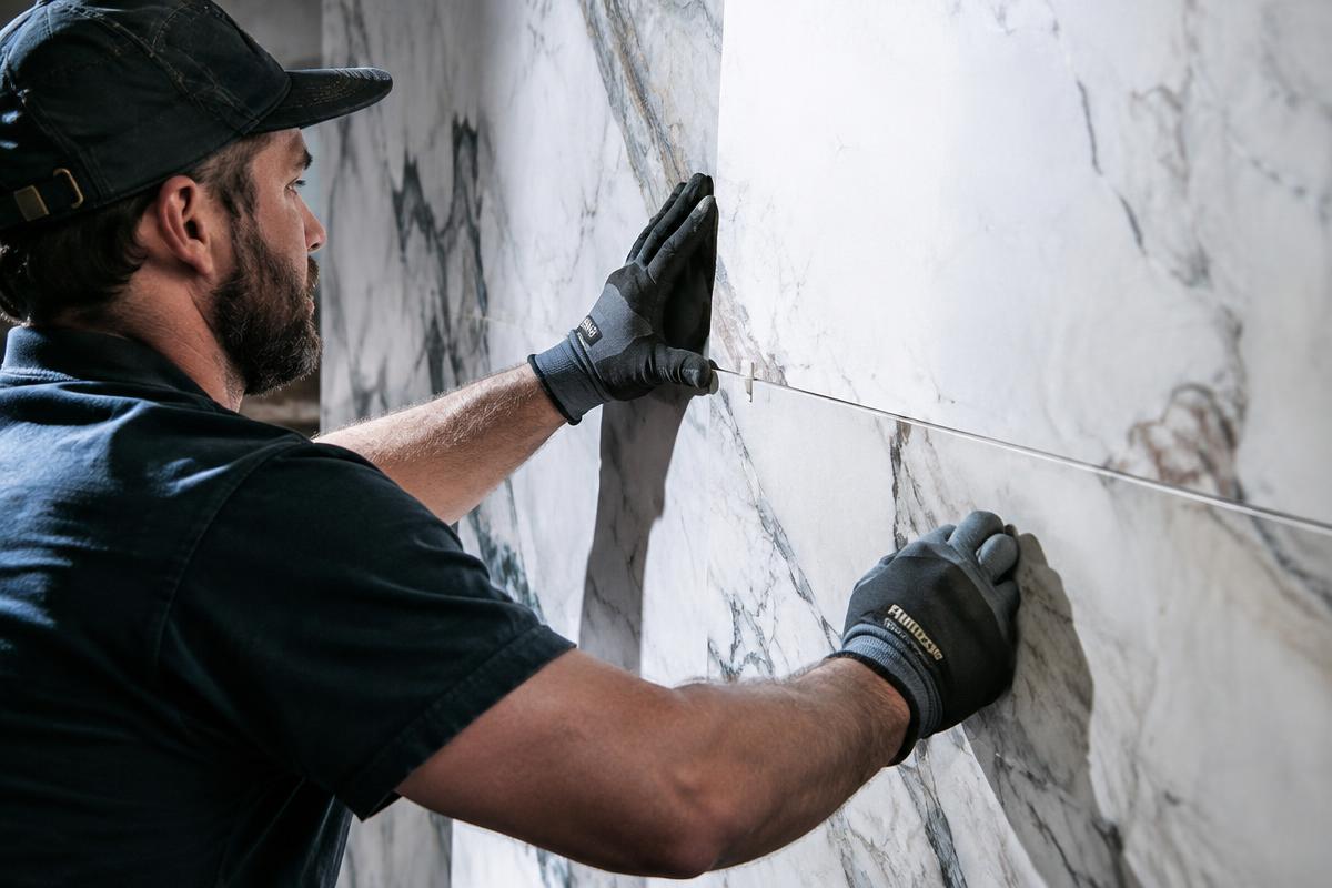 Installer setting large-format marble tile on a wall